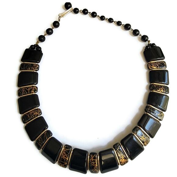 1980s Black Glass & Gold-Tone Bead Choker - Vintage Elegance - Made in Germany - Picture 5 of 10